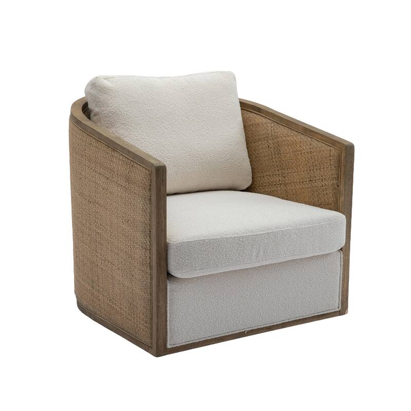 Boucle/Leather Upholstered 360 Degree Swivel Round Barrel Club Chair