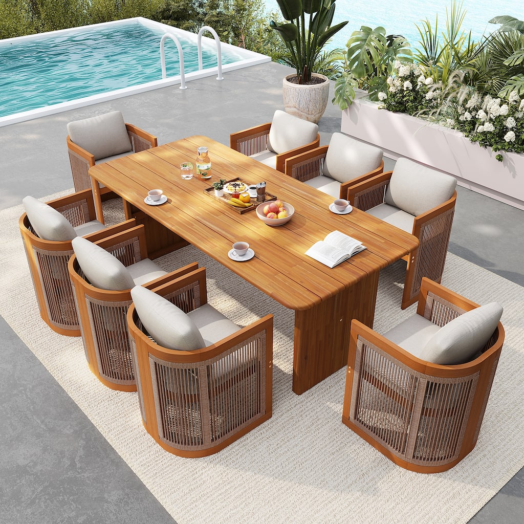 Outdoor 9-piece Solid Wood Dining Table And Chair Set With Cushions