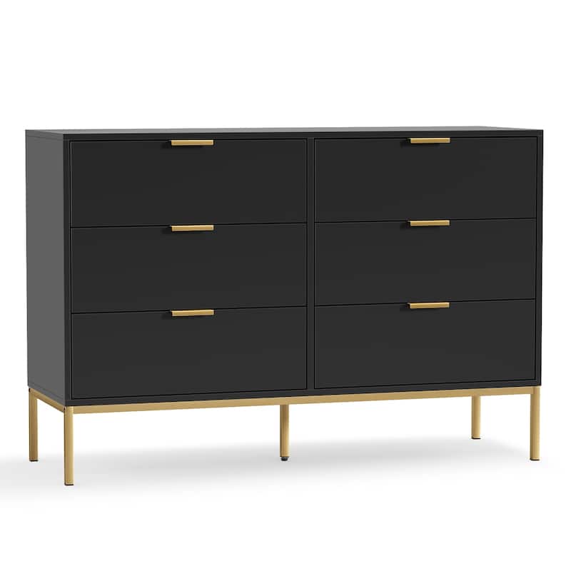 Anmytek Modern 6-Drawer Double Dresser Black Wood Chest of Drawers Storage Organizer for Bedroom
