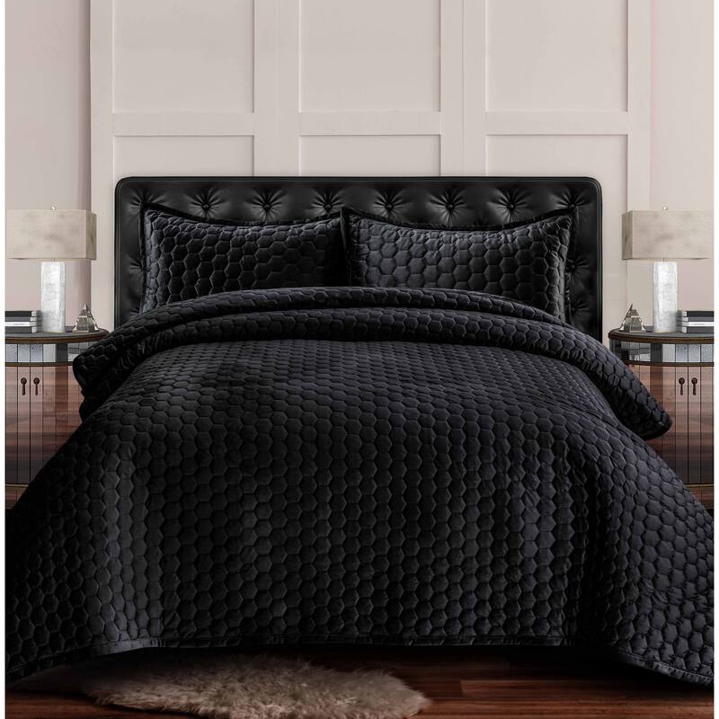 Lugano Honeycomb Velvet Oversized Solid Quilt Set - Steel Grey - King