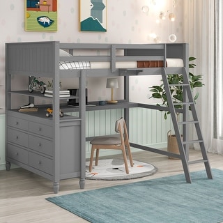 Versatility Galore Full Size Loft Bed Kids Bed with Drawers and Desk,Wooden Loft Bed with Shelves