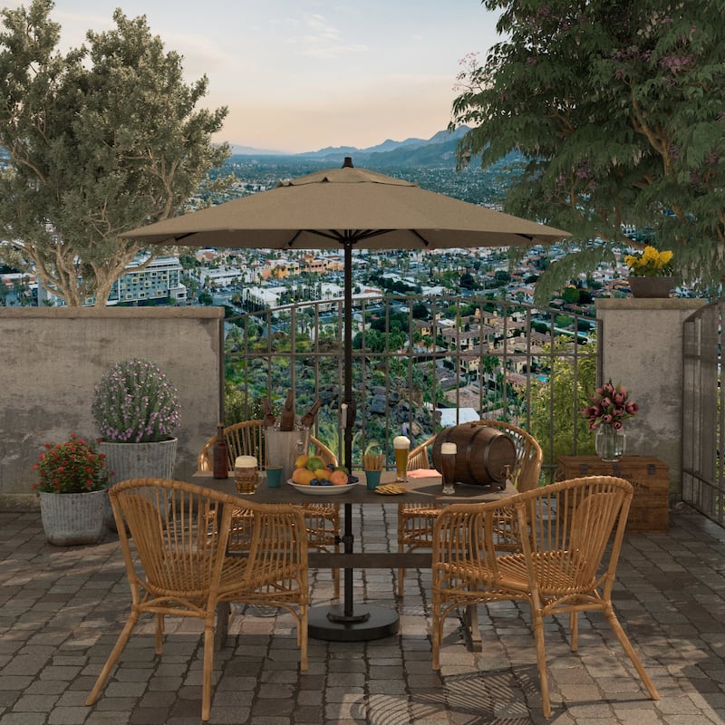 California Umbrella 7.5' Round Crank Lift Auto Tilt 8 Rib Aluminum Patio Umbrella, Bronze Finish, Olefin Royal Blue Fabric - Woven Granite