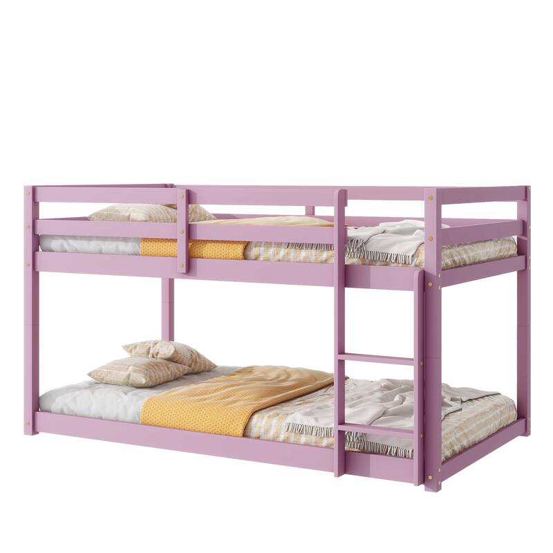 Low Loft Bed with Ladder, Solid Rubber Wooden Bed Frame for Multi Children, Floor Bed - Available with or without Slats