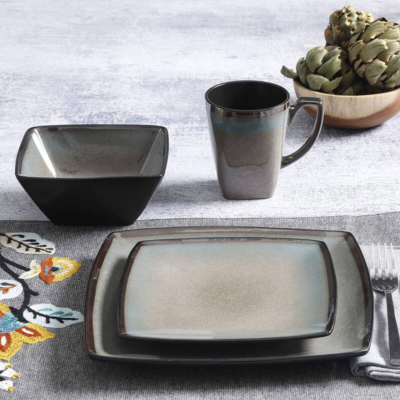 Gibson Elite 16 Piece Glazed Square Dinnerware Set with Plates, Bowls, and Mugs - 20 x 16 x 16 inches