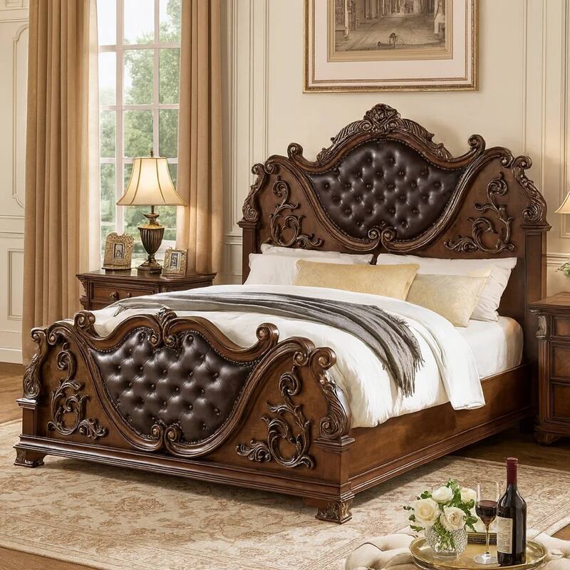 Prio King Bed w Carved Details, Brown Button Tufted Faux Leather, Brown
