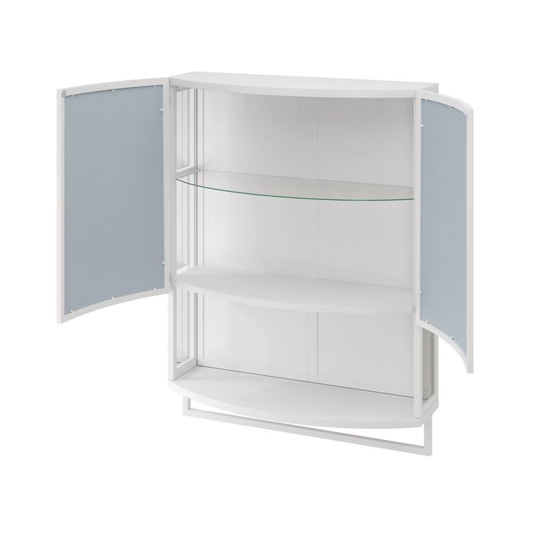 Anmytek Modern Arched Glass Double Door Bathroom Cabinet with Shatterproof Mirror Double Layer Storage Open Shelf Towel Rack