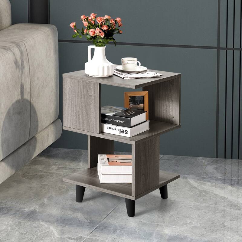 Modern Set of 2 Grey Nightstands with 3 Tier Storage Shelves for Living Room or Bedroom