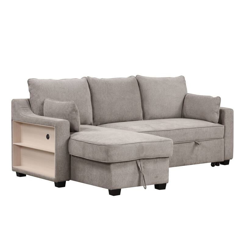 90" Convertible Sleeper Sofa with Storage Chaise, USB Ports, Storage Racks for Compact Spaces