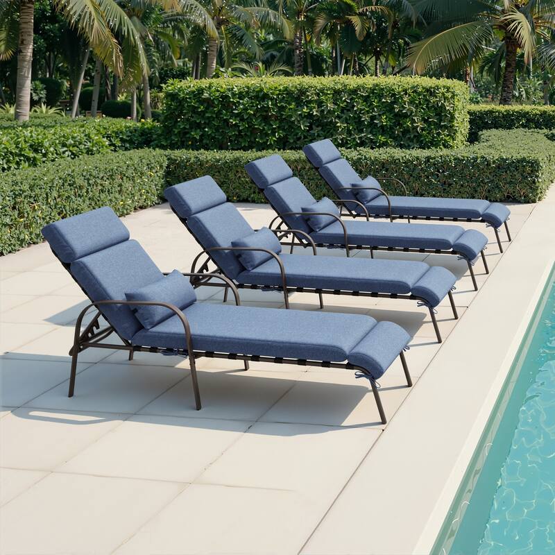 Outdoor Premium All-weather Recliner Adjustable Chaise Lounge Chair with Cushion & Pillow - Dark Blue - 4PC - New upgrade