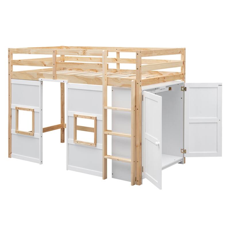 Wood Loft Bed Twin Size with Storage Wardrobe & 2 Windows Design