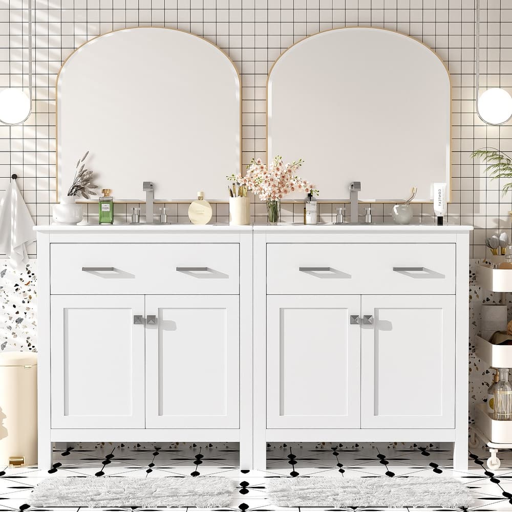 Roomfitters Modern 60" Double Bathroom Vanity Set with Ceramic Sinks, Adjustable Shelf, Soft-Close Doors and Flip Drawer