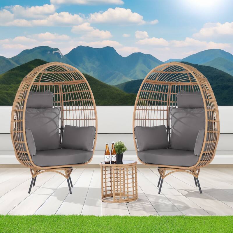 SANSTAR Set of 2 Patio Oversized Swivel Brown Wicker Egg Chairs with Cushions