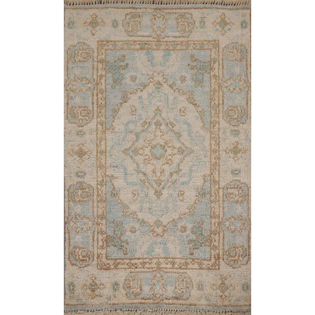 Hand Knotted Oriental 100% Wool Carpet Transitional Geometric Navy Blue & Blues Oushak Area Rug - 2' 11'' X 1' 11''