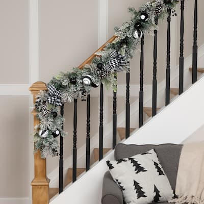 Flocked Pine with Harlequin Ornaments and Bows Artificial Christmas Garland - 6' x 8" - Unlit