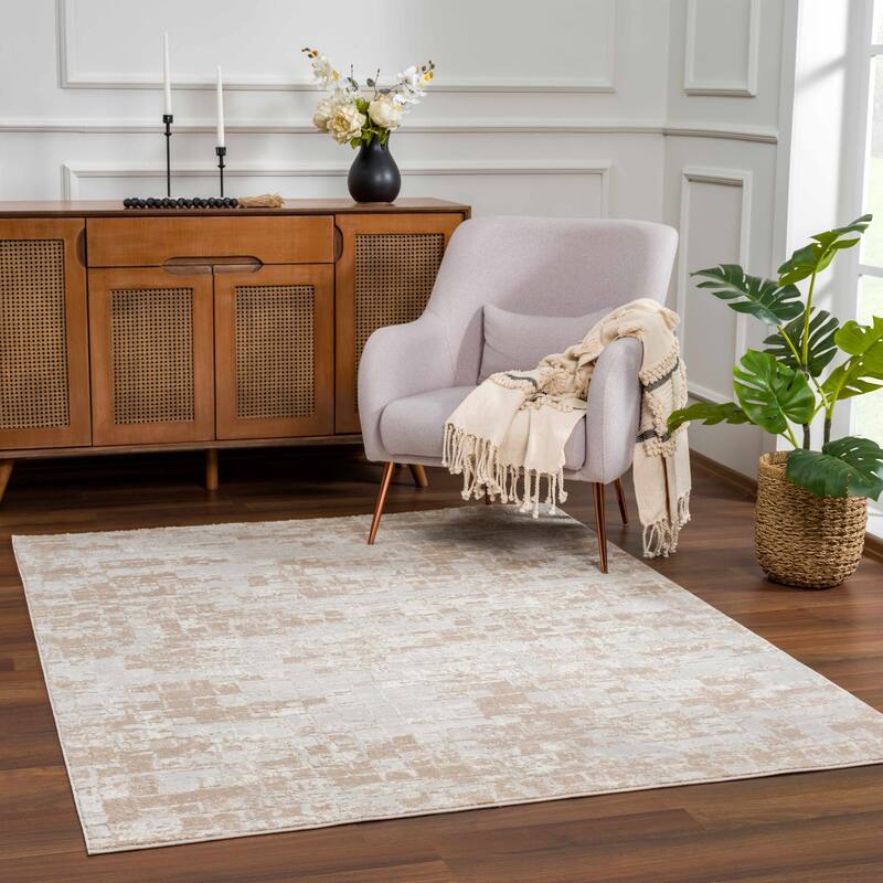 Hauteloom Liverpool Collection Modern Abstract Contemporary Square Tile Area Rug - 7'10" x 10' - Brown, Beige, Cream