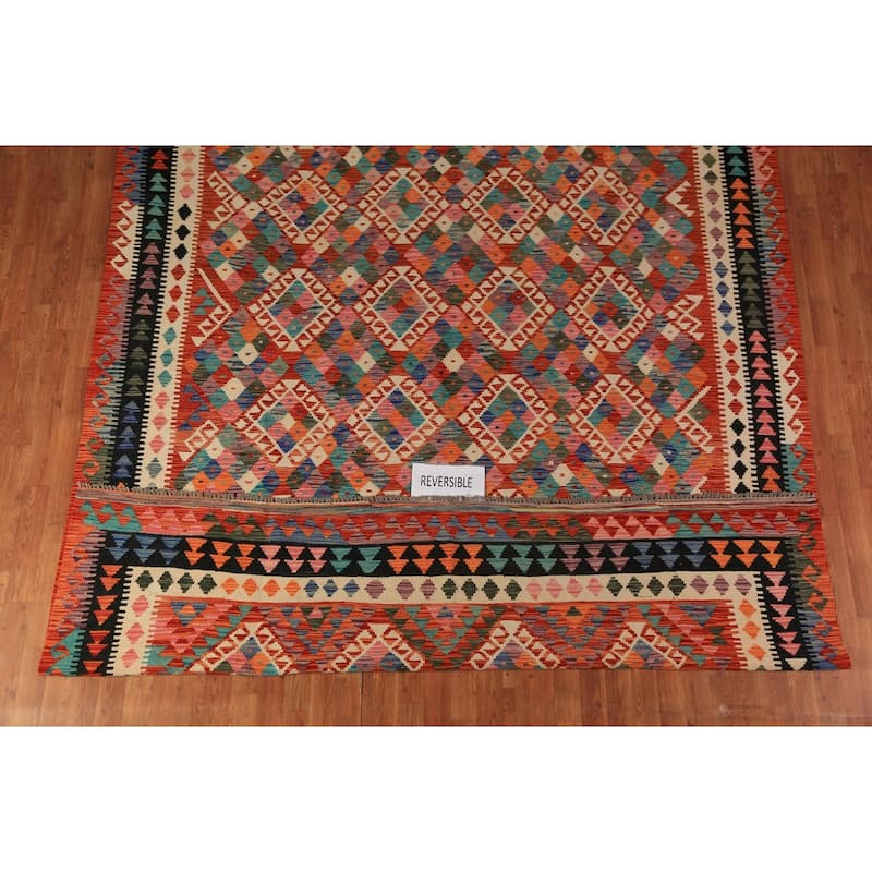 Orange Geometric Kilim Oriental Area Rug Wool Carpet - 8'5"x 11'4"