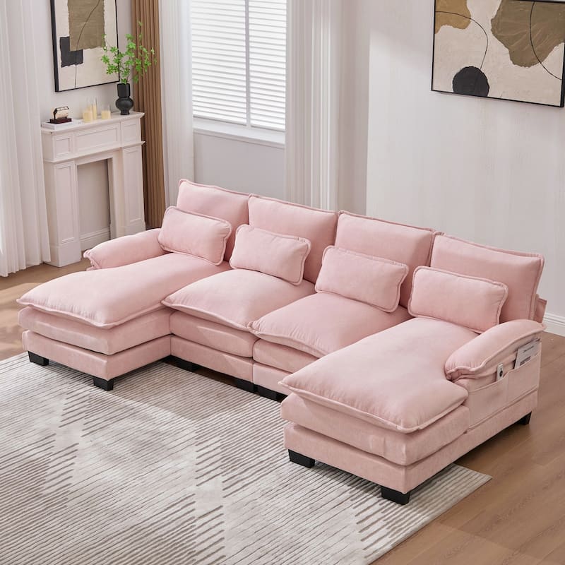 Symmetrical Chenille Upholstered Sectional Sofa U-shaped Cloud Couch with Double Chaise, Side Pockets and Double-layer Cushions - Pink