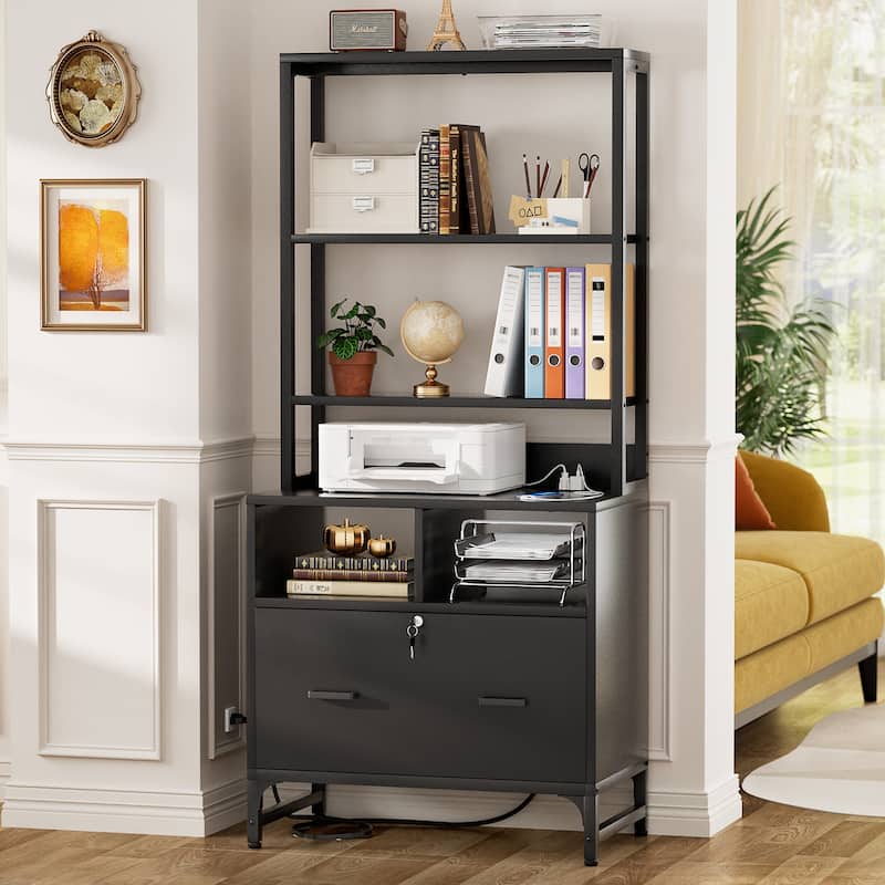 61''H Office File Cabinet with Locked Drawers and Hutch, Sideboard with USB Station and Hutch