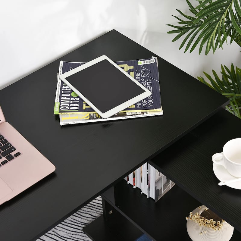 L Shaped Corner Desk, 360 Degree Rotating Home Office Desk with Storage Shelves, Writing Table Workstation