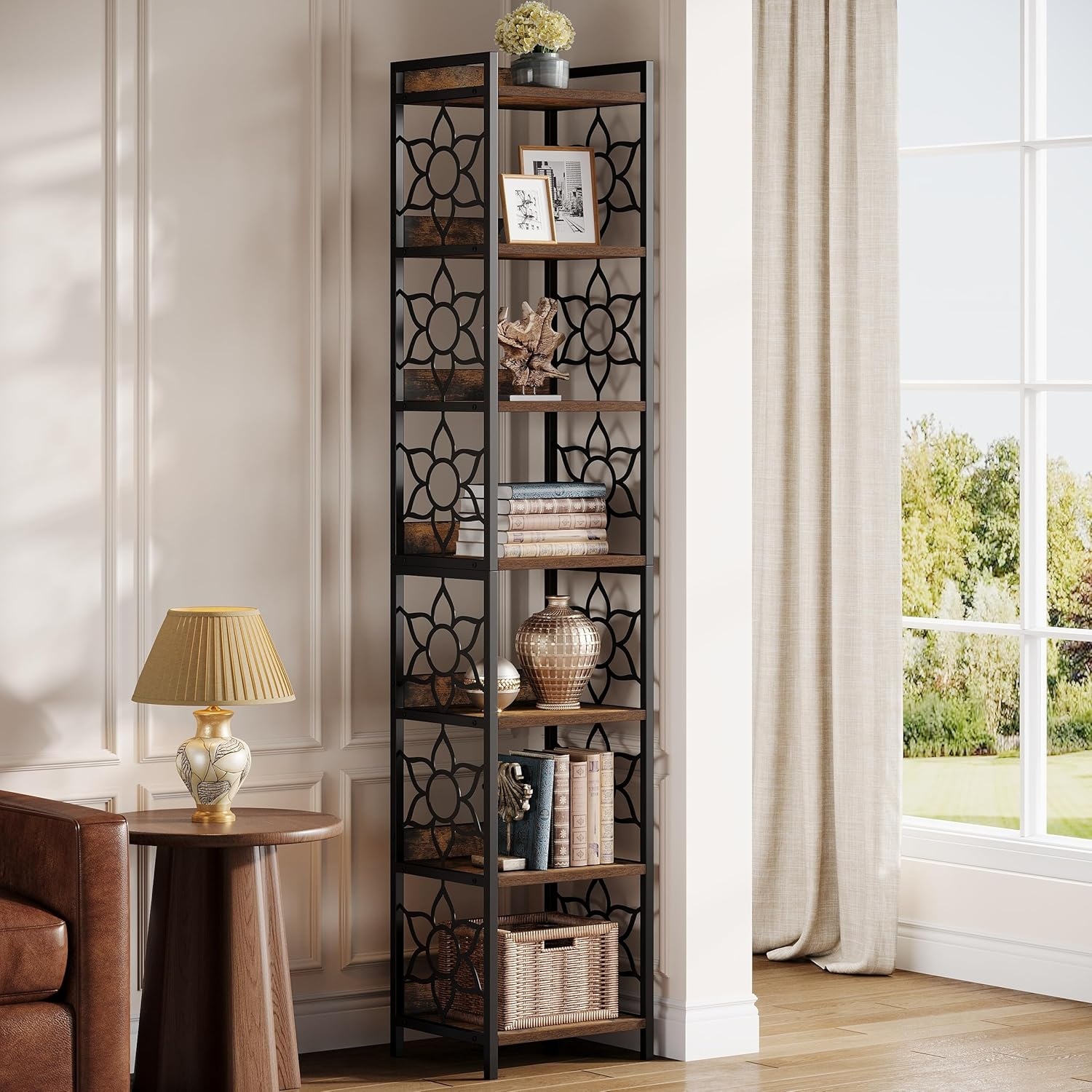 7-Tier Tall Corner Bookcase with Floral Accents, 78.74