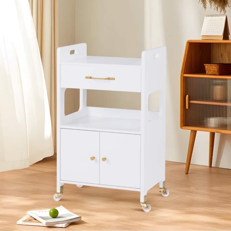 White Rolling Trolley Cart with Cabinet & Lockable Wheels - 13.8"D x 18.89"W x 31.7"H - White