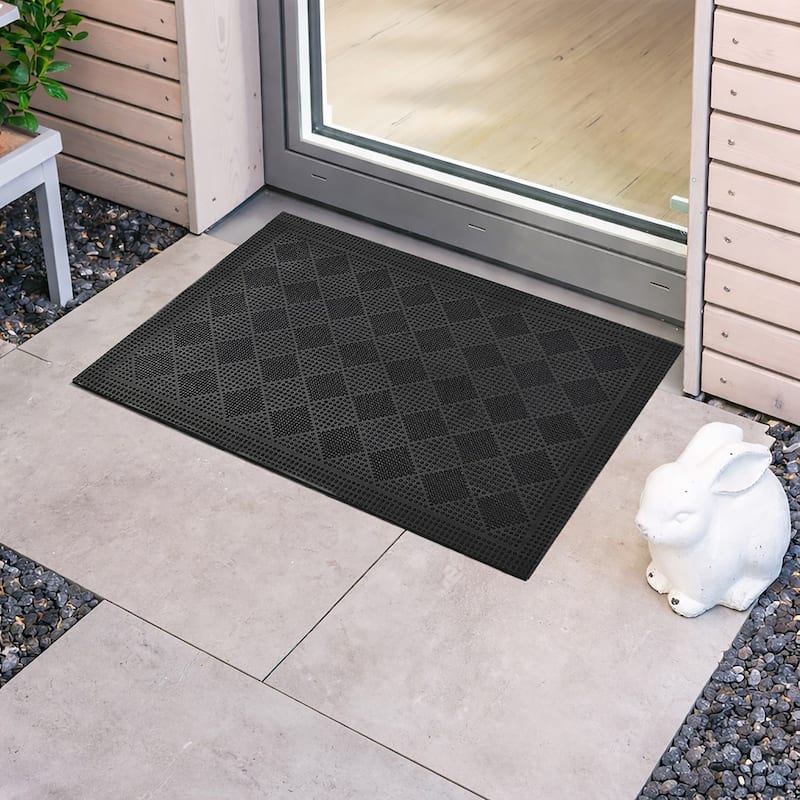 Outdoor Mat Drew Checkerboard Rubber Rug 24x16 Inch Black - 16 W x 24 L x 1/4 H