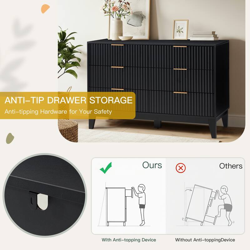 EROMMY Fluted 6-Drawer Dresser – Mid Century Modern Wide Chest with Metal Handles for Bedroom & Living Room