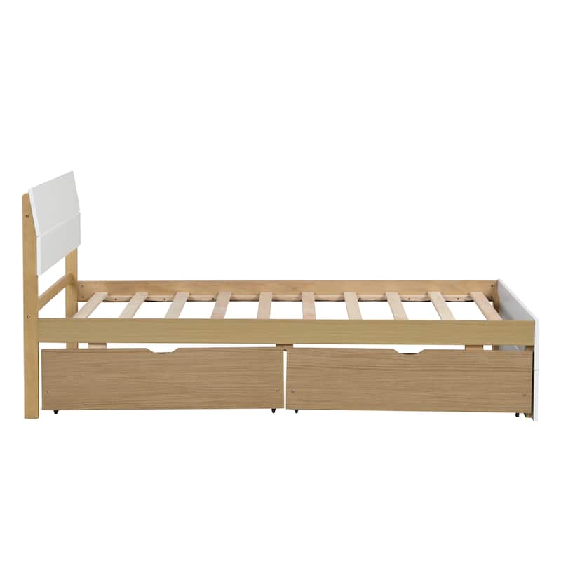Modern Twin bed Frame With 2 Drawers For White High Gloss Headboard and Footboard With Light Oak Color