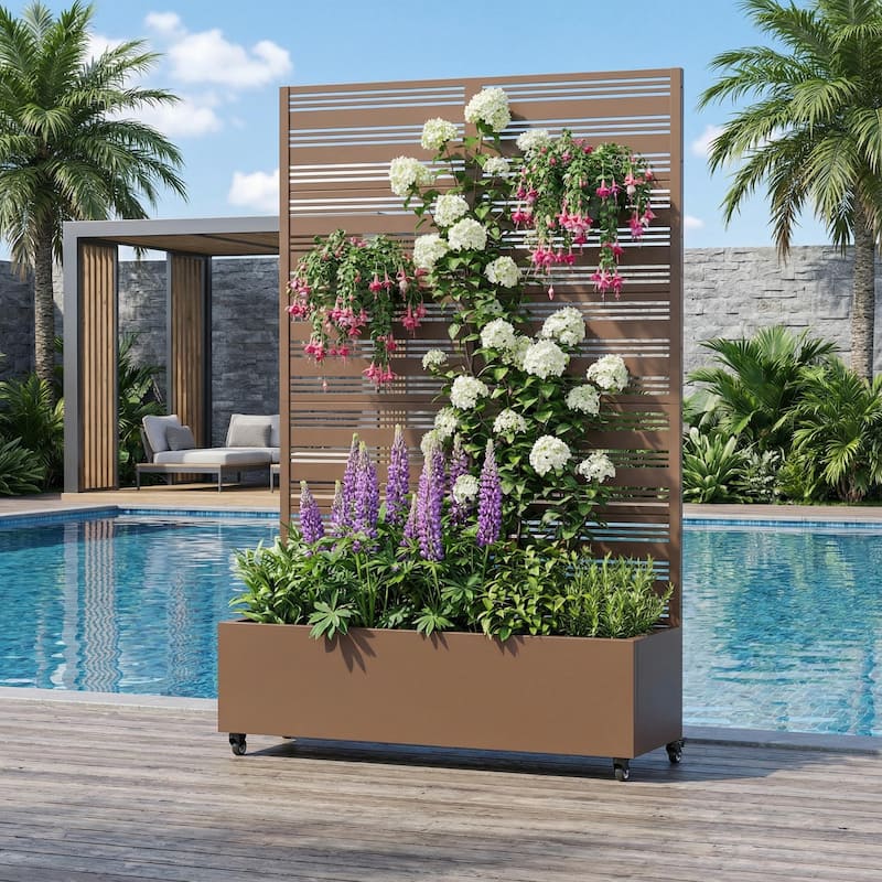 Outdoor Metal Galvanized Privacy Screen Planter Box with Trellis Lockable Wheels