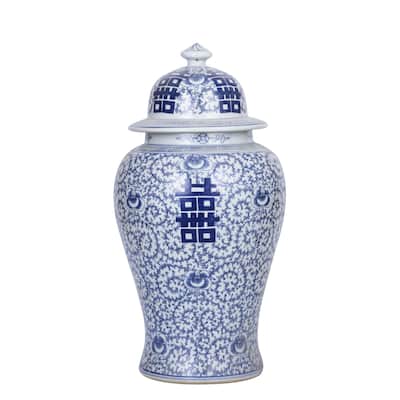 Blue and White Double Happiness Floral Temple Jar - Large