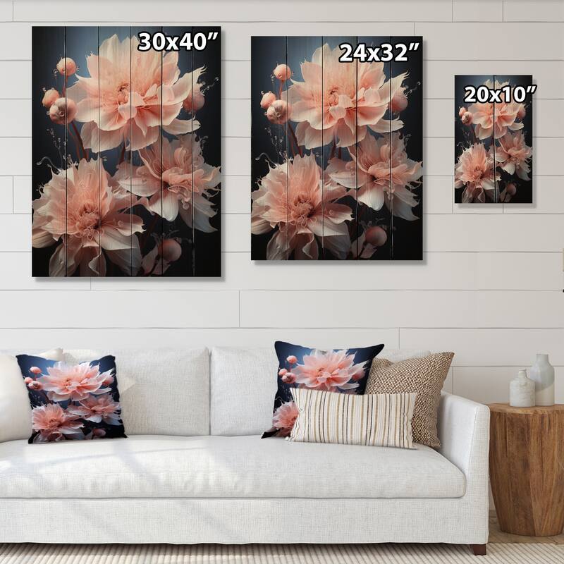 Designart "Pink Black Flowers Muted Peonies Black" Floral Print on Natural Pine Wood
