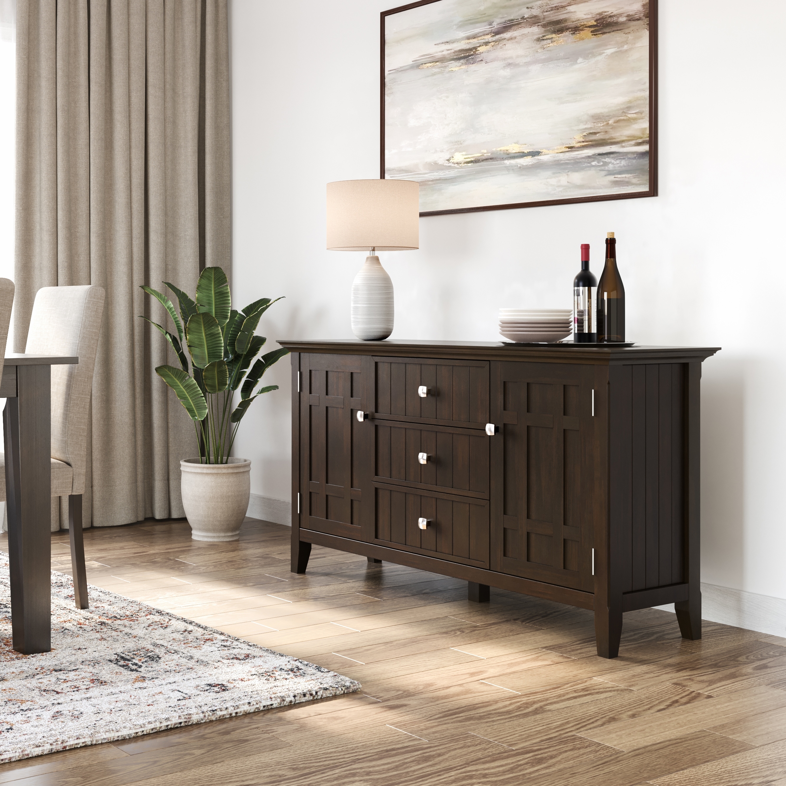 WYNDENHALL Freemont SOLID WOOD 54 inch Wide Transitional Sideboard Buffet - 17" D x 54" W x 30" H