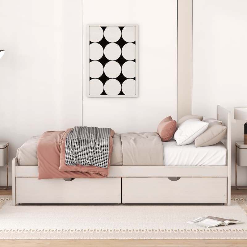 Modern Twin Size Platform Bed Frame with 2 Drawers for Master Bedrooms, Guest Rooms - Rubberwood Design