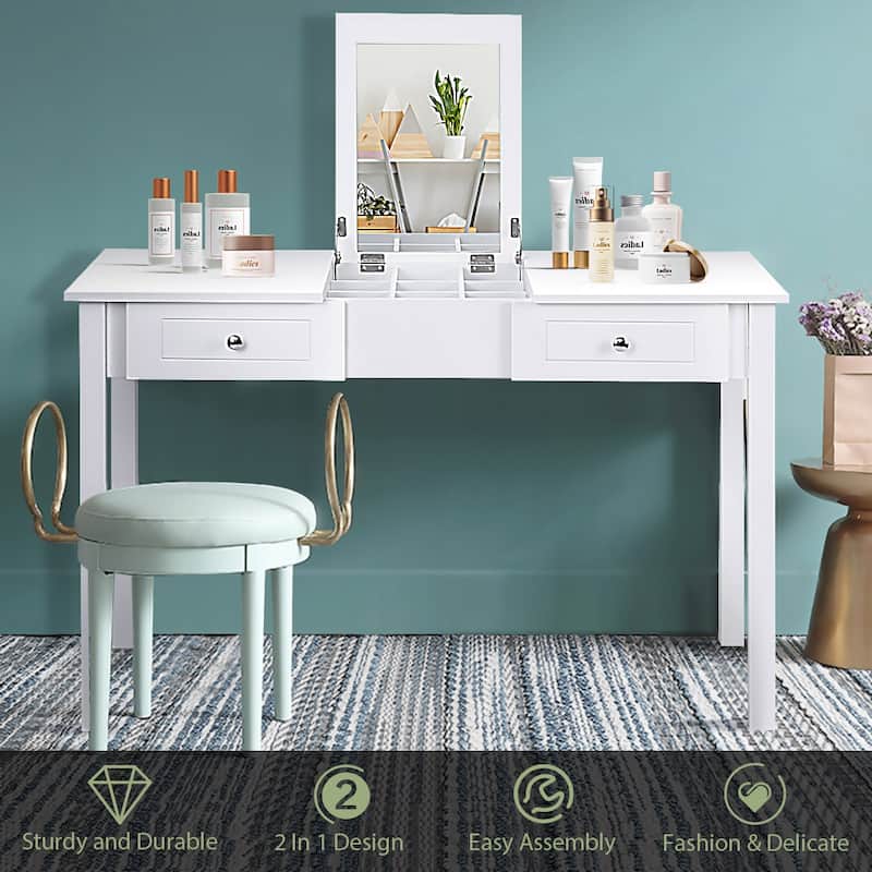 Costway Vanity Table Dressing Table Flip Top Desk Furniture White