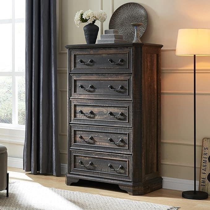 Farmhouse 5 Drawers Dresser, Wood Chest of Drawers, Dressers Organizer - Dark Rustic Oak