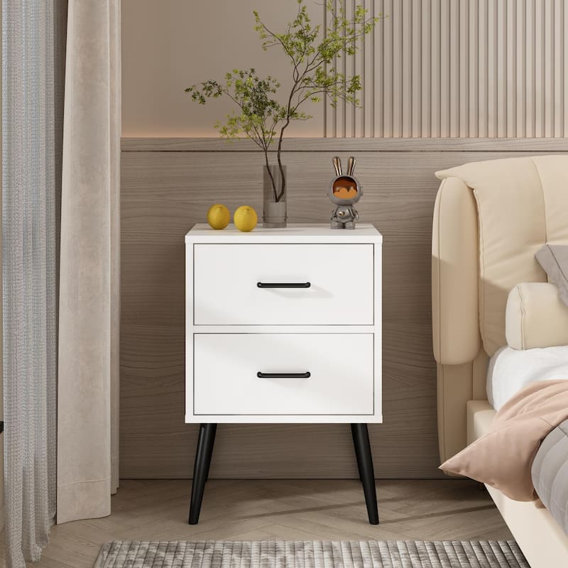 2-Drawer Nightstand with Metal Legs and Metal Handles, Modern White Bedside Table, Small End Table for Bedroom, Living Room