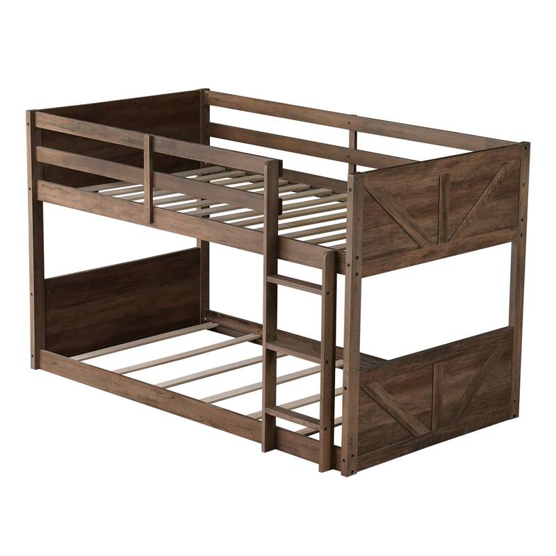 Twin over Twin Floor Bunk Bed w/ Headboard,Footboard,Safety Guardrails