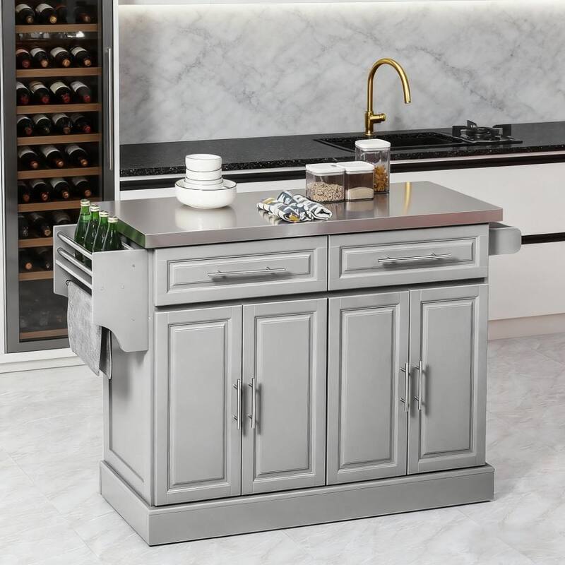 Kitchen Island Rolling Kitchen Island Cart with 2 Drawers, Spice, Knife and Towel Rack ,gray