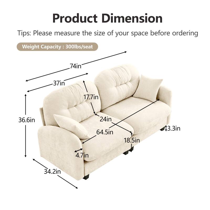 Minimalist Sectional Sofa Couch with Tufted Backrest, 2-Seater Sofa Couch Fabric Loveseat with Armrests