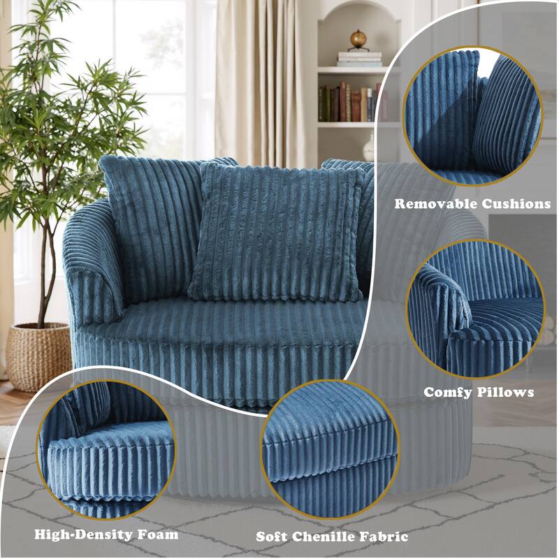 Oversized 43" W Plush Corduroy Swivel Barrel Chair with Pillows