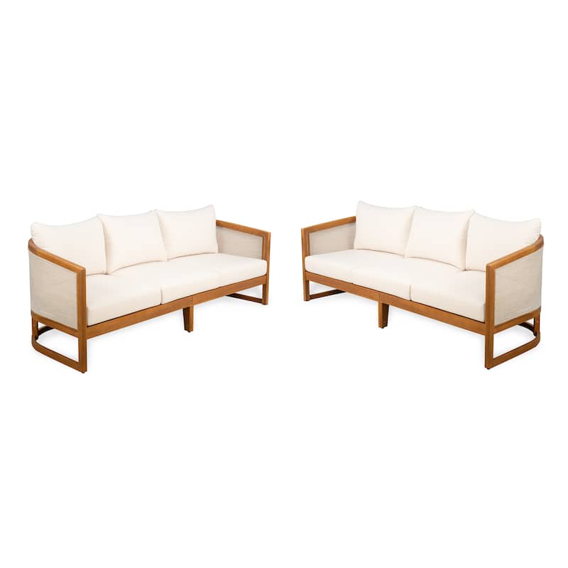 Christopher Knight Home - Liora Outdoor Acacia Wood 3 Seater Sofa - 2 Piece - Teak Finish+Beige Cushion+Fawn Textilene