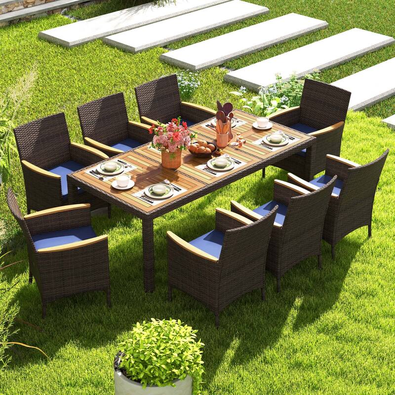 Costway 9PCS Outdoor Dining Set with Acacia Wood Table Top Patio - Navy