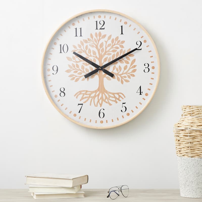 Wooden Tree Wall Clock with Cream Backing - Brown - Roche River Decor - 2"W x 24"L x 24"H