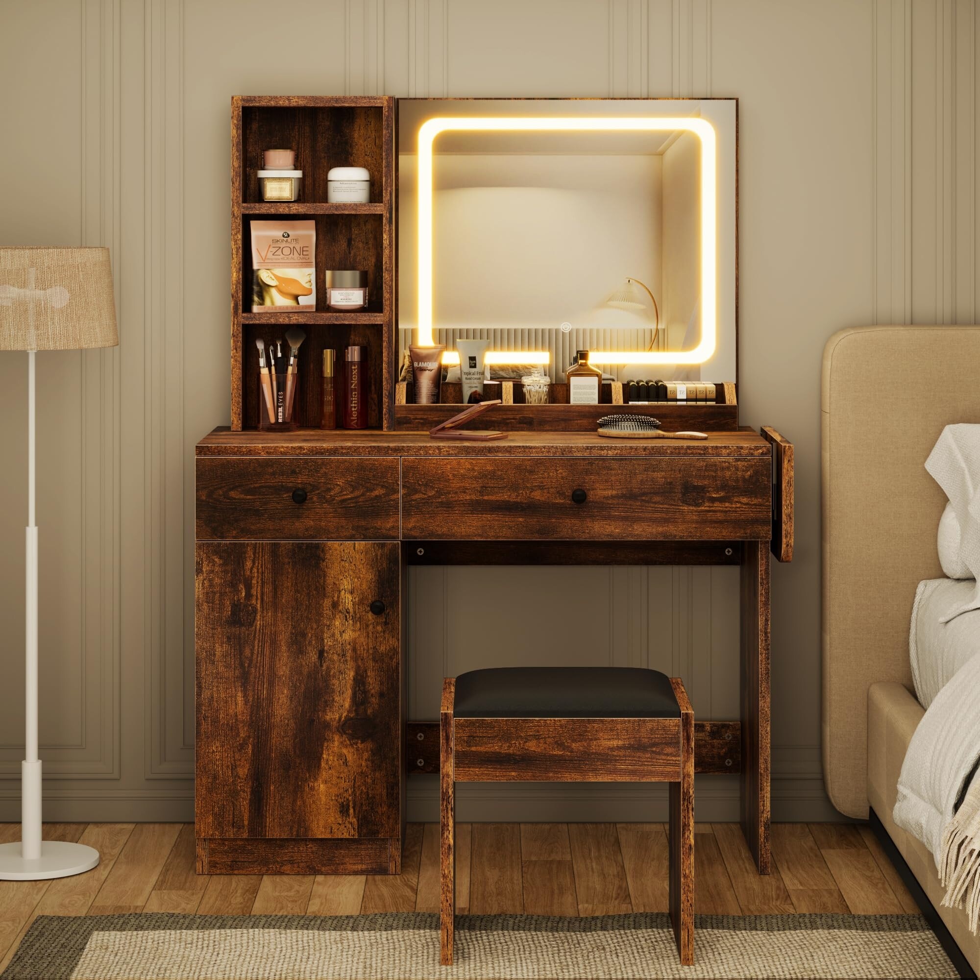 Makeup vanity with store mirror and lights
