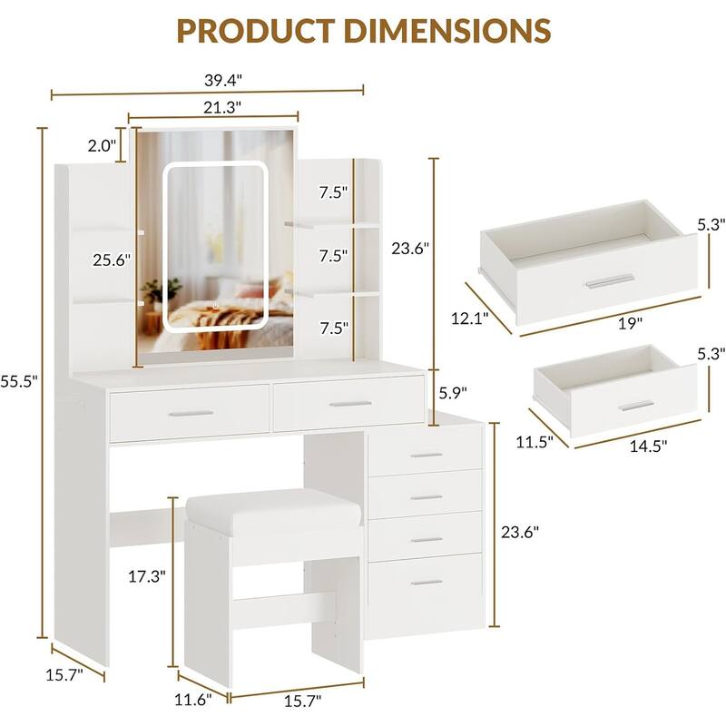 Vanity Desk with Mirror, LED Lights & Power Outlet, Makeup Table with 6 Drawers, 6 Shelves & Stool for Bedroom
