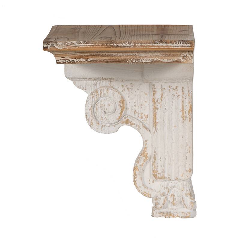 Rick 14 Inch Wall Shelf, Rectangular Brown Top, Fir Wood, Distressed White