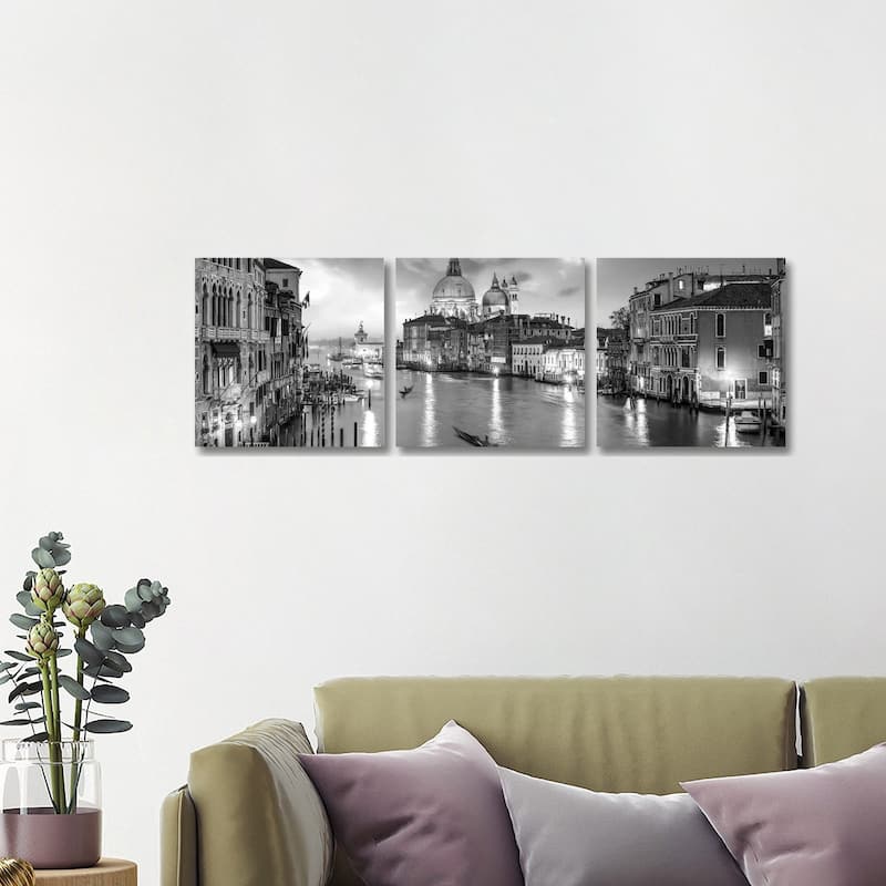 iCanvas "Canal Grande Panorama In Black And White, Venice, Italy" by Jan Becke 3-Piece Canvas Wall Art Set - 16x48x1.5