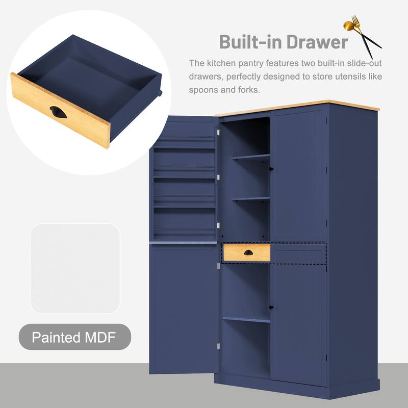 40" Wide Kitchen Pantry Cabinet - Large Storage Cupboard with 2 Drawers, 10 Adjustable Shelves (8 Door + 2 Main) - 71" Tall