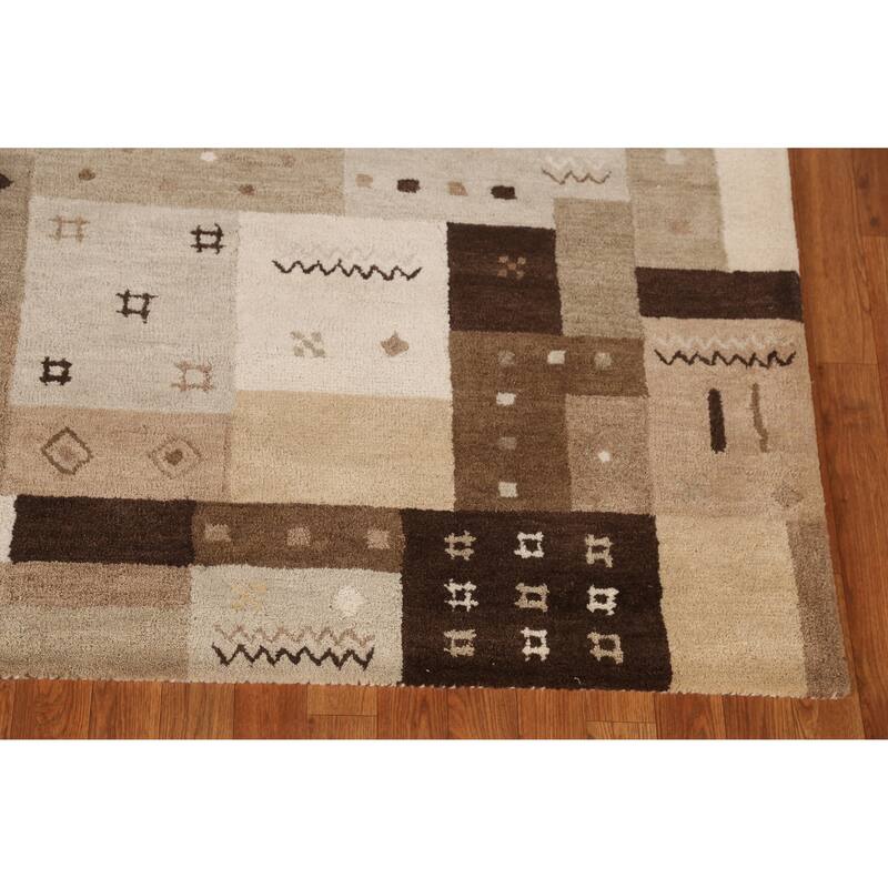 Tribal Geometric Gabbeh Indian Area Rug Brown Handmade Wool Carpet - 5'3" x 7'7"