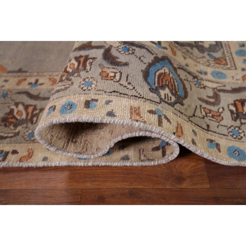 Distressed Tabriz Vintage Persian Rug Hand-Knotted Grey Wool Carpet - 6'6" x 9'7"